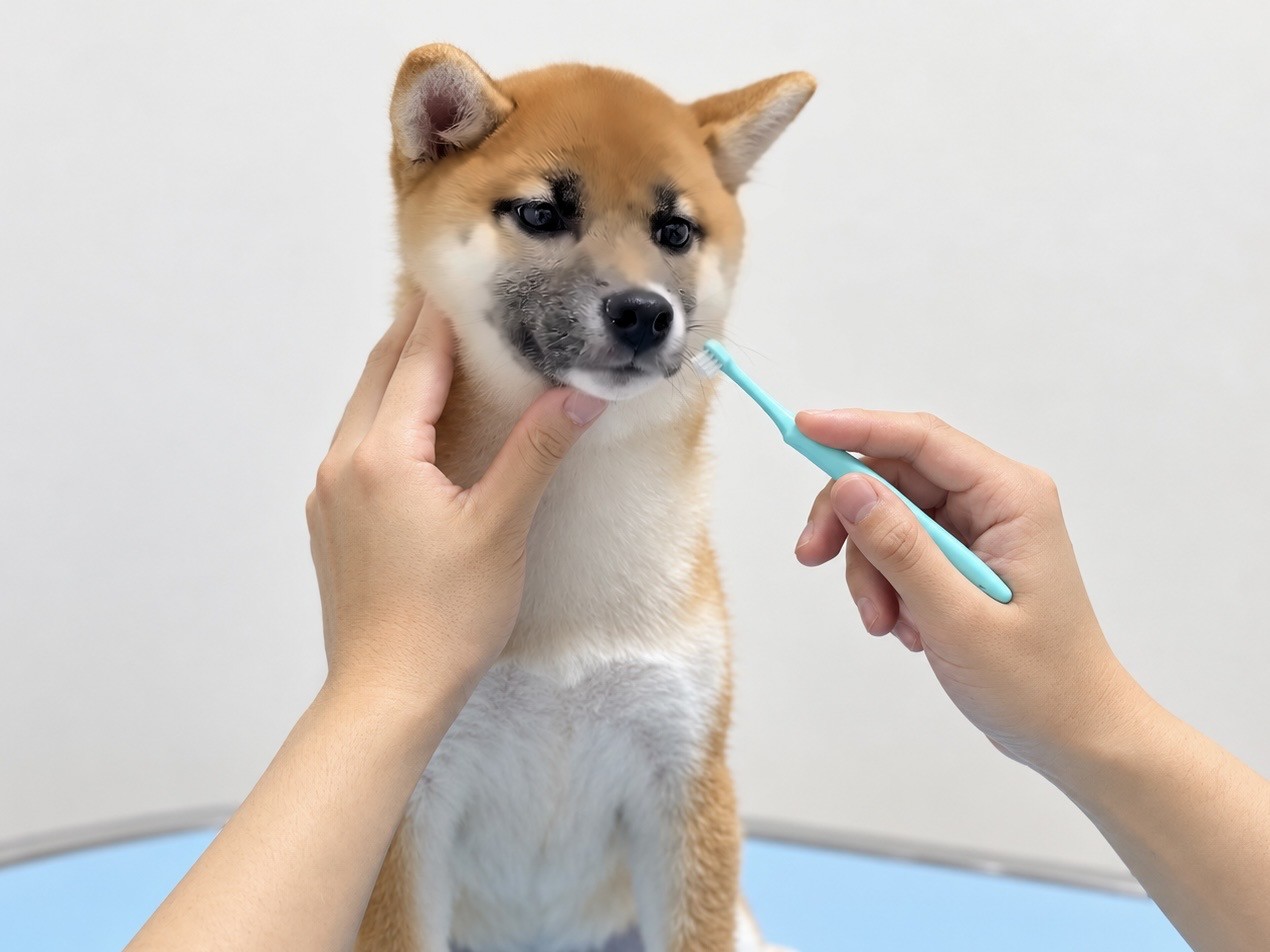 柴犬が歯ブラシでお口のケアを受けている様子